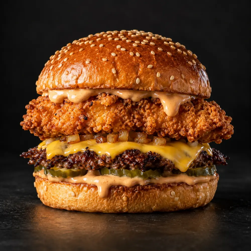 The Grit Stack with beef patty and crispy chicken