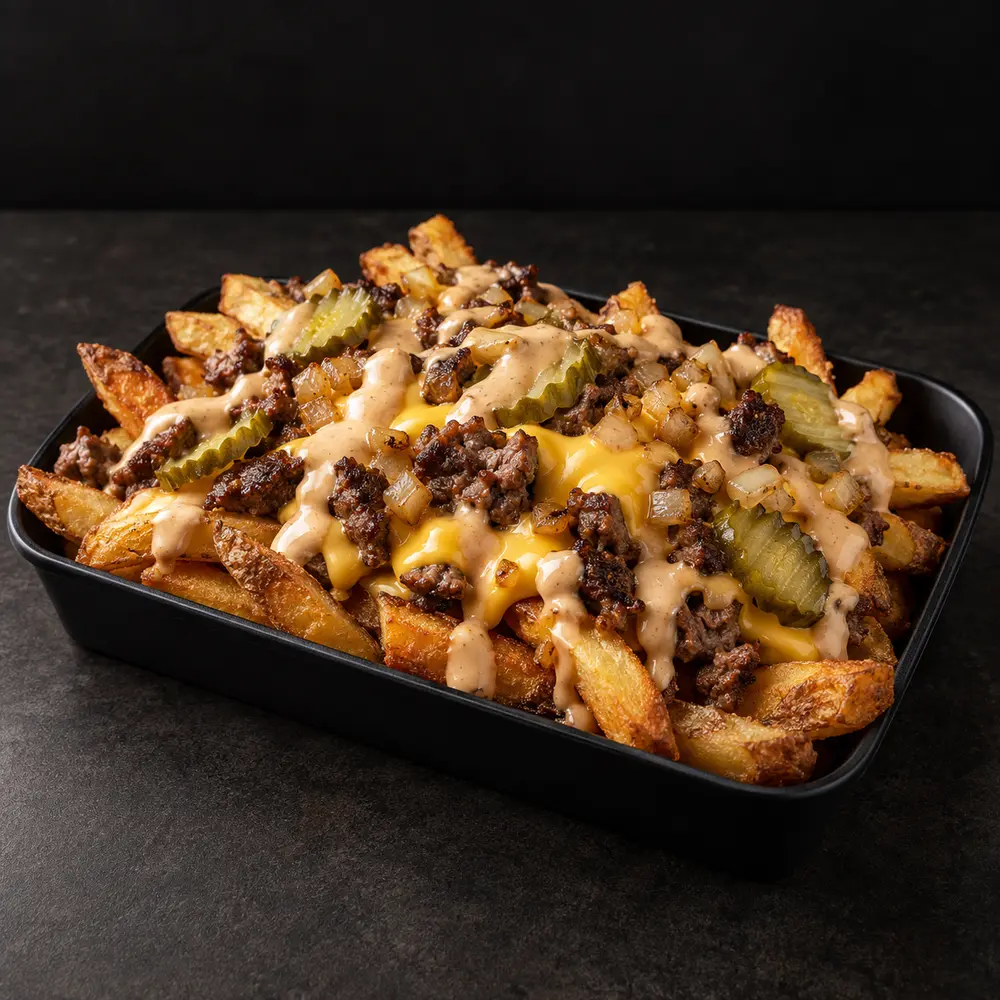 Grit loaded fries with chopped beef and molten cheese