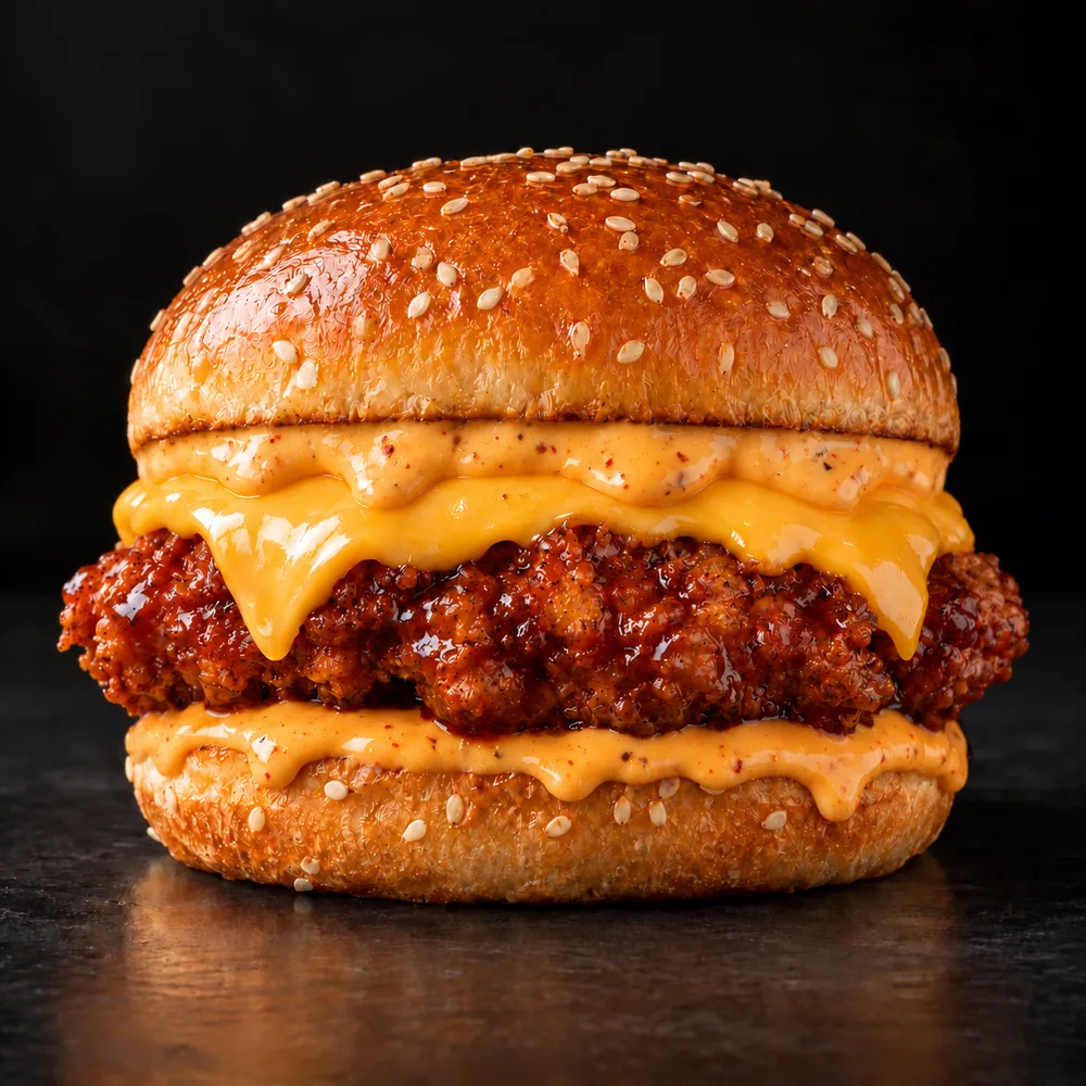 Smoky Grit Chicken burger with BBQ sauce and American cheese