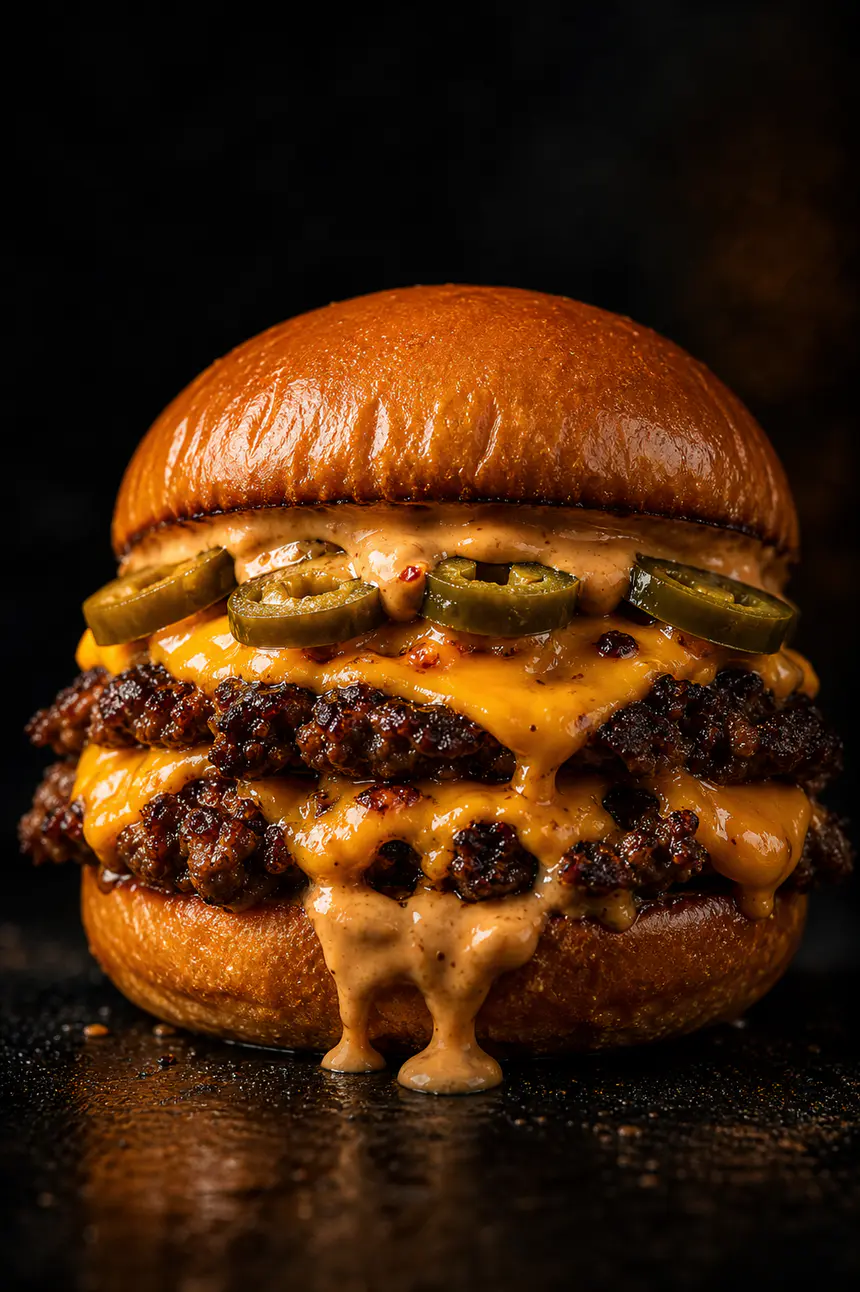 Spicy Grit double smash burger with jalapeños and melted cheese